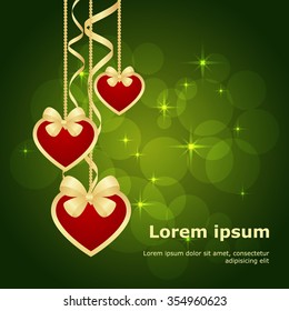 valentine green background with hanging hearts. vector illustration
