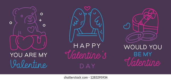 Valentine greeting badges in simple editable thin line style vector illustration