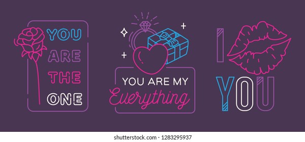 Valentine greeting badges in simple editable thin line style vector illustration