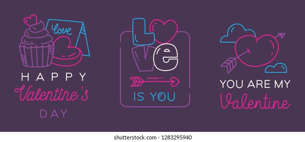 Valentine greeting badges in simple editable thin line style vector illustration