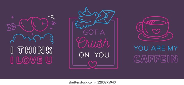 Valentine greeting badges in simple editable thin line style vector illustration