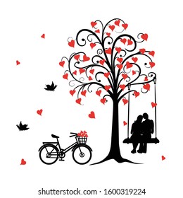 Valentine greeting card with black tree silhouette and pair of the young man and woman swinging on the seesaw and bike. Monochrome vector illustration for Valentine Day, romantic holiday. eps 10