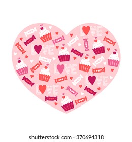 Valentine greeting card with candy, hearts, cupcakes and love in Pink, Red and White. Perfect for holiday greetings, wedding and Valentine's Day gifts