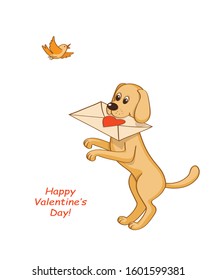 Valentine greeting card with cartoon dog keeping valentine letter, heart, bird and text Happy Valentine's Day. Colorful vector illustration for Valentine Day, romantic holiday. eps 10
