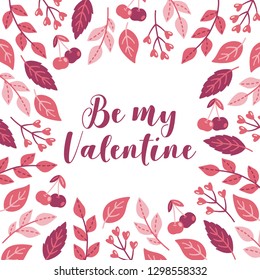 Valentine greeting card with cherry, branches, berries, leaves and hearts on white background. Perfect for holiday invitations. Vector illustration.