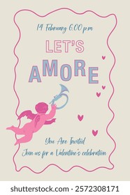 Valentine greeting card with cupid, musical trumpet and hearts. Printable design with hand drawn flat illustrations.
