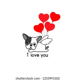 Valentine greeting card. Cute angel puppy cartoon.