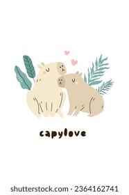 Valentine greeting card with cute capybaras in love and text CAPYLOVE