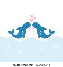 Valentine greeting card. Cute sharks with heart. vector illustration.