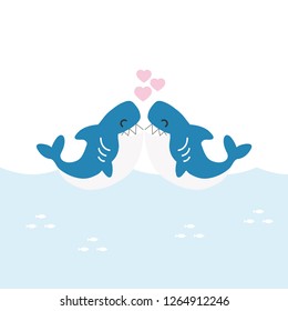 Valentine greeting card. Cute sharks with heart. vector illustration.