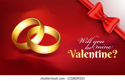 Valentine greeting card design with illustration of realistic gold rings on glossy red background.