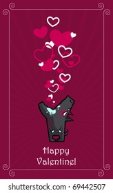 Valentine greeting card with dog and hearts. Vector.