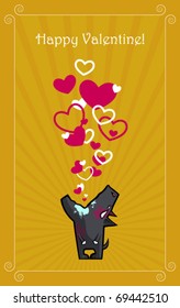 Valentine greeting card with dog and hearts. Vector.
