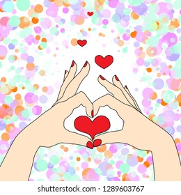 Valentine Greeting Card with Heart Made of Two Human Hands in Pop Art Style