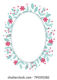 Valentine greeting card with hearts, flowers, leaves and oval blank label. Perfect for holiday and wedding invitations
