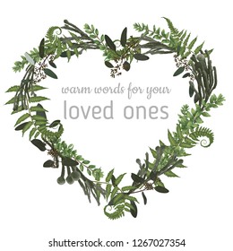 Valentine greeting card, invite card. Herbs, eucalyptus,  forest fern, brunia, waxflower. Natural, branches boxwood, buxus. For wedding invitations, vignettes, postcards, posters, labels
