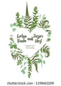 Valentine greeting card, invite card. Vector watercolor style herbs, eucalyptus,  forest fern, waxflower. Natural, branches boxwood, buxus. Botanical decorative template