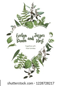 Valentine greeting card, invite card. Vector watercolor style herbs, eucalyptus,  forest fern, waxflower. Natural, branches boxwood, buxusDecorative heart frame. Frame template
