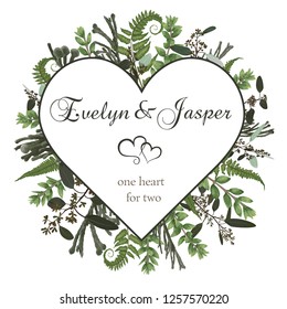 Valentine greeting card, invite card. Vector watercolor style herbs, eucalyptus,  forest fern, brunia, waxflower. Natural, branches boxwood, buxus. Decorative heart square frame. Wedding template

