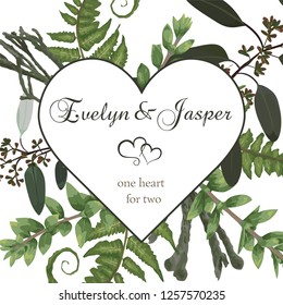 Valentine greeting card, invite card. Vector watercolor style herbs, eucalyptus,  forest fern, brunia, waxflower. Natural, branches boxwood, buxus. Decorative heart square frame. Wedding template
