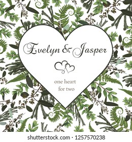 Valentine greeting card, invite card. Vector watercolor style herbs, eucalyptus,  forest fern, brunia, waxflower. Natural, branches boxwood, buxus. Decorative heart square frame. Wedding template