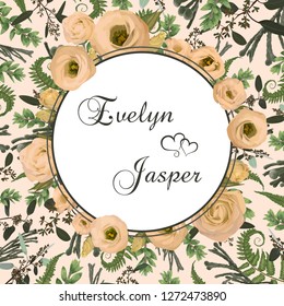 Valentine greeting card, invite card. Vector watercolor style herbs, eucalyptus, branches boxwood, buxus, forest fern, brunia, and flowers eustoma cream. Round frame, border, circle. Pattern 