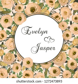 Valentine greeting card, invite card. Vector watercolor style herbs, eucalyptus, branches boxwood, buxus, forest fern, brunia, and flowers eustoma cream. Round frame, border, circle. Pattern