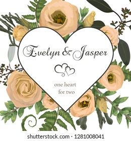 Valentine greeting card, invite card. Vector watercolor style herbs, eucalyptus,  forest fern, brunia, branches boxwood, buxus and flowers eustoma cream. Decorative heart square frame template