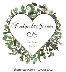 Valentine greeting card, invite card. Vector watercolor style herbs, eucalyptus,  forest fern, brunia, waxflower. Natural, branches boxwood, buxus  and chamaelaucium. Decorative heart square frame
