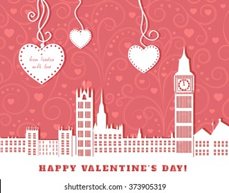 valentine greeting card, London with big ben,  pink background with swirl vintage ornament,  three hearts hanging on tapes, cut paper vector illustration