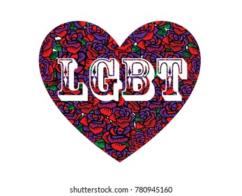 Valentine greeting card, Love heart, purple rose, LGBT sign.
