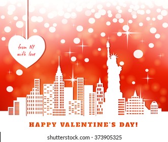 valentine greeting card, New York, downtown, statue of liberty; red bright luminous background,  heart hanging on tapes, cut paper, vector illustration