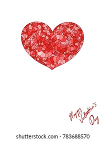 Valentine greeting card with red heart in form of stained glass window. Hand drawon lettering text: "Happy Valentine's Day".