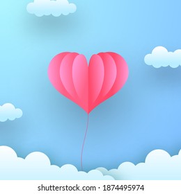 Valentine greeting card soft pastel love romance decoration with paper cut style of flying hearth shape balloon on the blue pastel sky