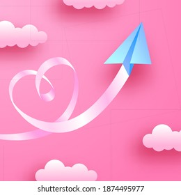 Valentine greeting card soft pastel love romance decoration with paper cut style of flying paper plane on the pink sky with clouds