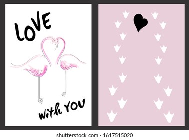 
Valentine greeting card. Vector. Contains two sheets. Hand drawing style. Two flamingos. Traces of flamingos depicting a common path of life on the back.
