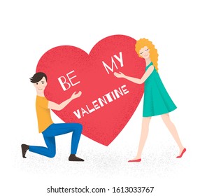 Valentine greeting card with young cheerful smiling man and woman holding bid red heart with text, vector illustration