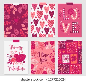 Valentine greeting cards with hearts, leaves, branches, gifts, roses, berries in Pink, Orange, Bordo and White. Perfect for wedding