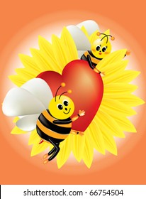 Valentine greeting. A composition for Valentine with two flirting honey bees, hearts and flowers