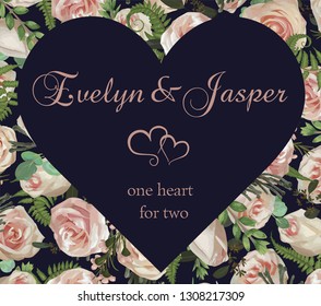 Valentine greeting, invite card. Vector style flowers, herbs, eucalyptus,  forest fern, brunia. Natural, branches boxwood, buxus, chamaelaucium and pink rose. Decorative blue burgundy background