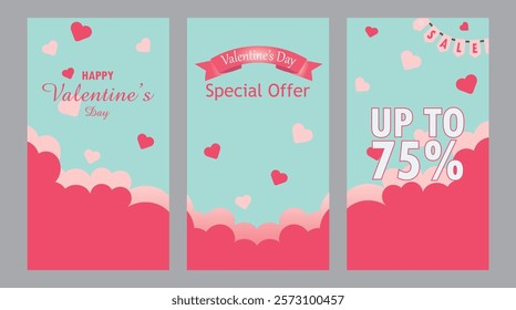 Valentine greeting and promotion material templates, social media story, landing page and store hang banner size. Love day celebration.