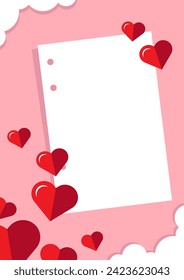 valentine greeting template background with some red heart shape and sheet of blank paper for text