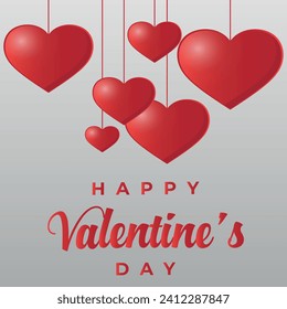 San Valentín con un mensaje de bienvenida. Los corazones rojos 3D están suspendidos. Vector en fondo gris