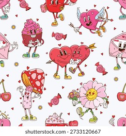 Valentine groovy personagens padrão sem costura para férias de amor, fundo vetorial. Corações dos namorados apaixonados por muffin de cupcake rosa funky, envelope de mensagem de amor engraçado e flor boba