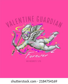 valentine guardian slogan with Flying Cupid holding bow and aiming or shooting arrow ,vector illustration for t-shirt.