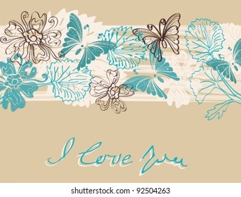 Valentine hand drawing brown and blue background with flowers, vector