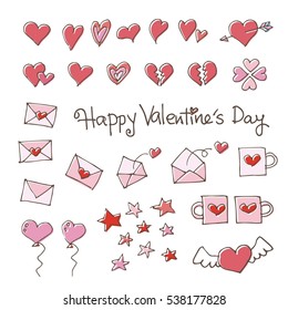 Valentine hand drawing elements, wine glass, heart, bouquet and gift box