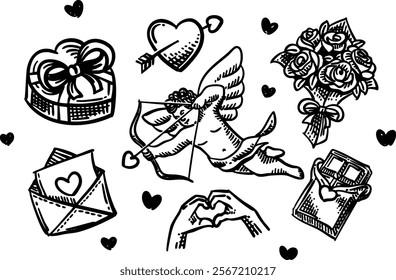 Valentine Hand drawn, cupid, Gift, Letter, Envelope, Card, Flower, Roses, Flower, love, heart, arrow, chocolate, heart hand symbol, Valentine's day, February, Vector, Illustration