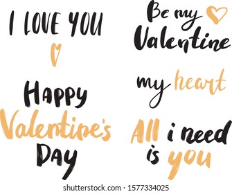 Valentine hand painted romantic lettering I love you phrase set on white background