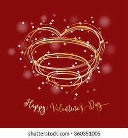Valentine, Happy Valentine's day card curve lines in heart shaped, stars and bokeh with gold shiny colors and red background.